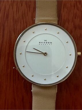 Skagen Gold Accented White Dial Beige Leather Watch